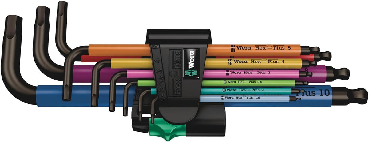 Wera 950 SPKL/9 SM N SB long-arm hex keys with color-coded sleeve for quick access.