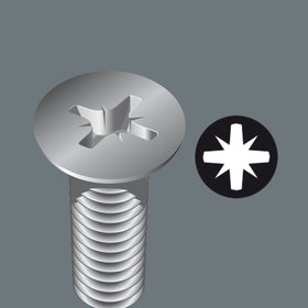 Universal bit holder stores six Pozidriv bits securely.