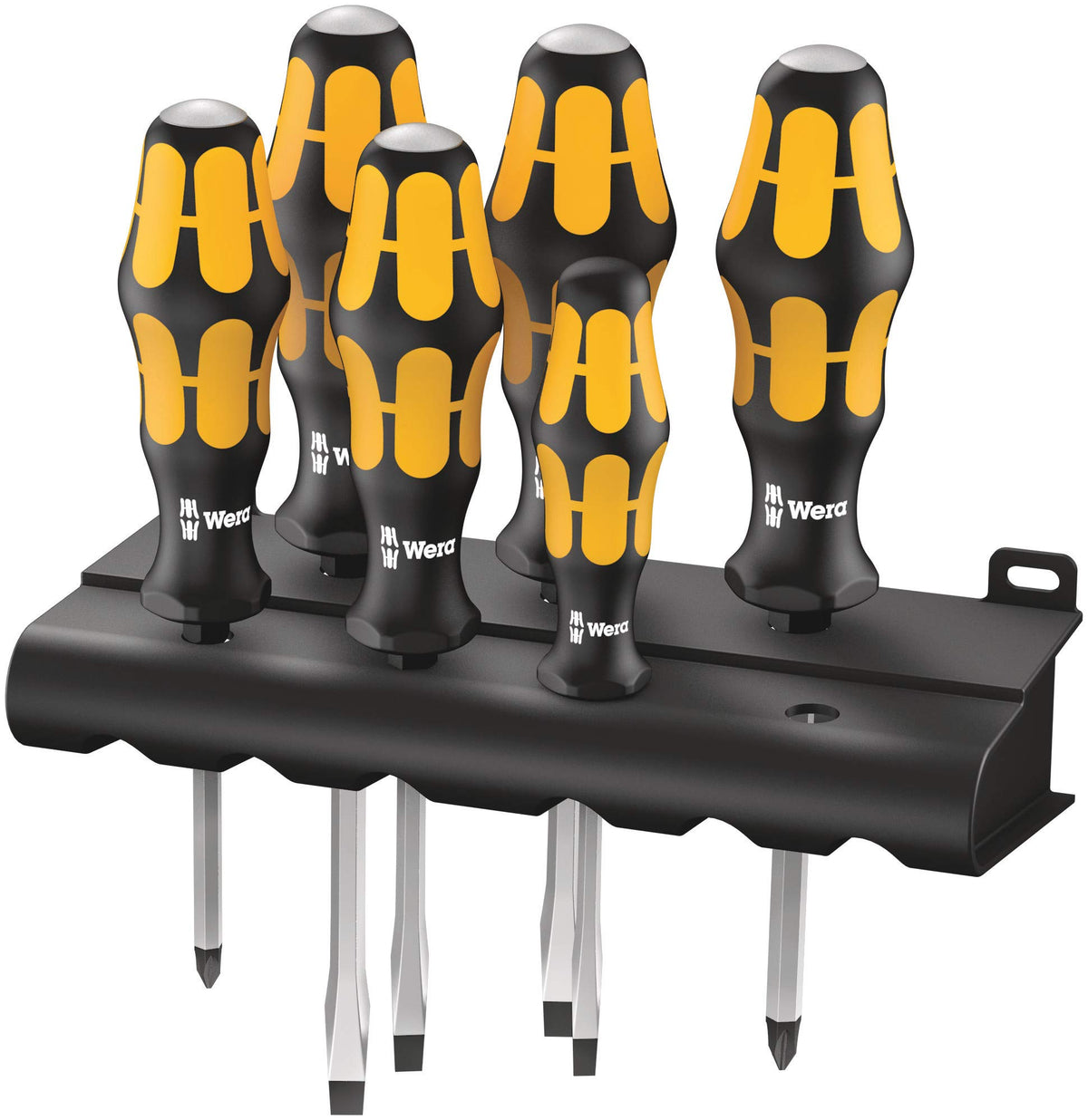 Wera 932/6 Kraftform Plus screwdriver set mounted on rack for easy access