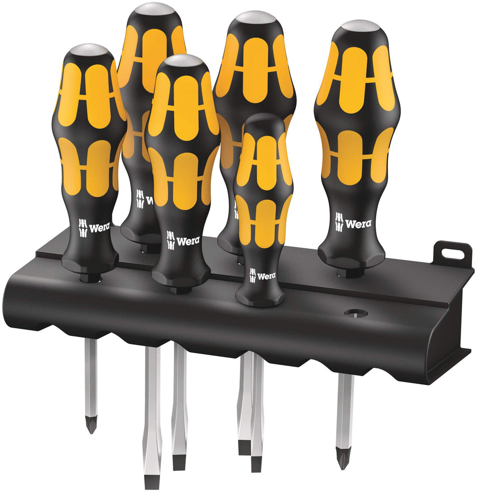 Wera 932/6 Kraftform Plus screwdriver set mounted on rack for easy access