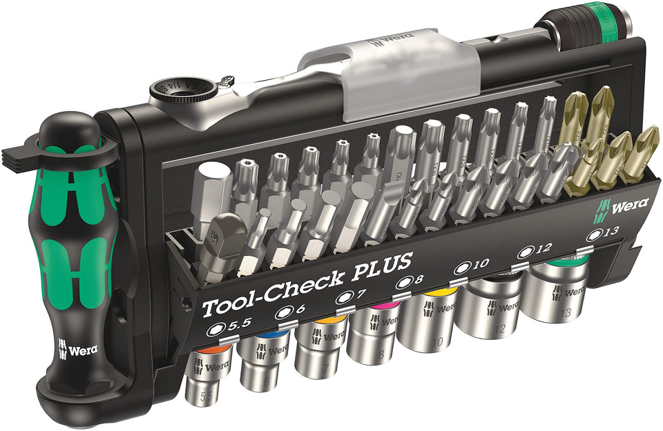 Wera Tool-Check Plus ratchet and sockets visible in compact case for quick repairs.