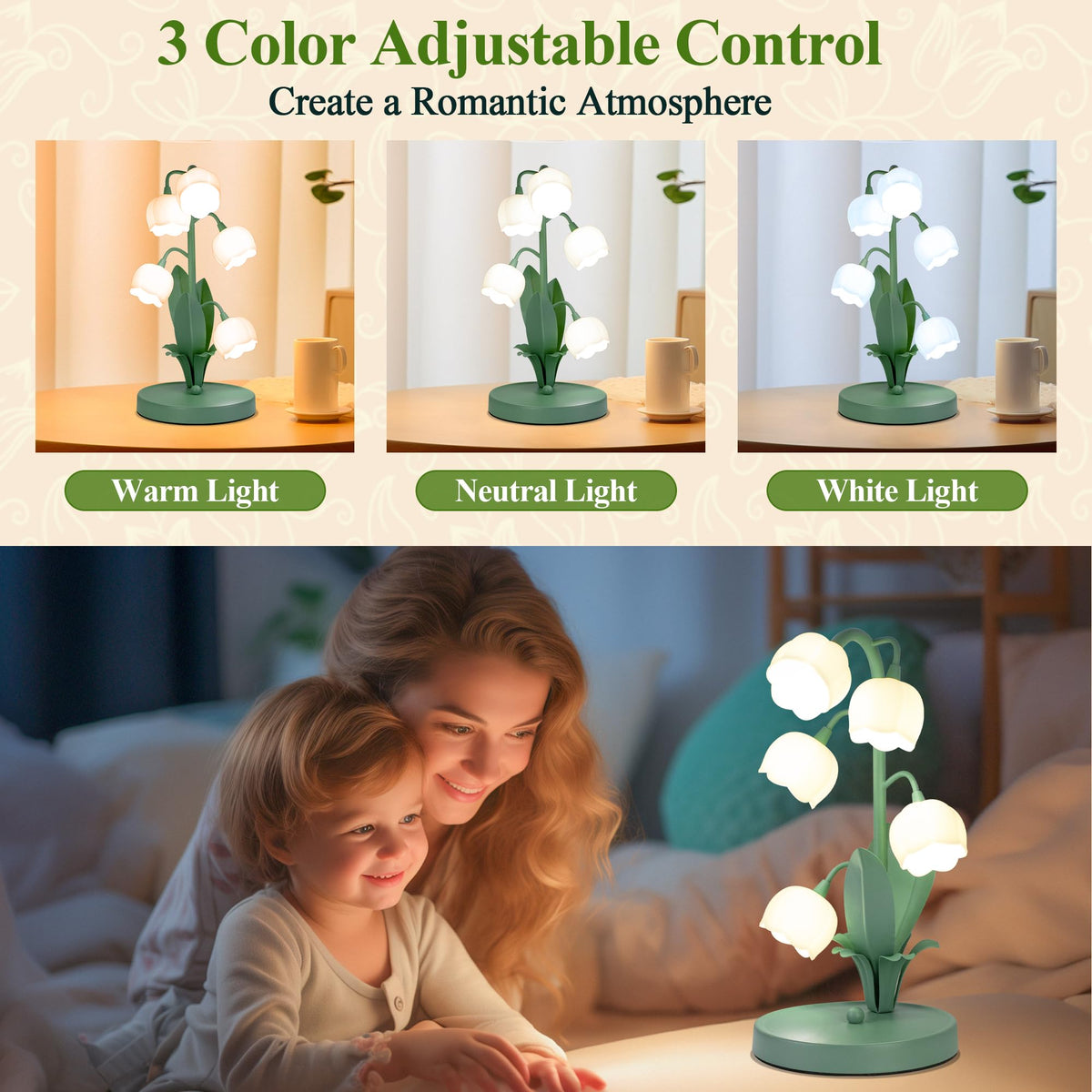 WERFOP Lily of the Valley lamp side view showcasing green shade and ambient glow.