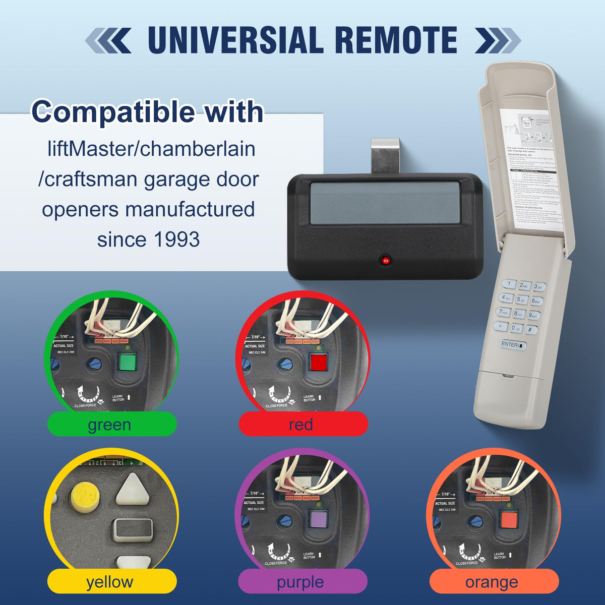 Werhoo 891LM remote with purple learn button enables easy pairing with compatible openers.