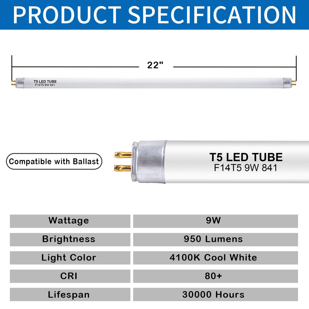 Wesome Lighting F14T5 CW bi-pin base close-up for replacement