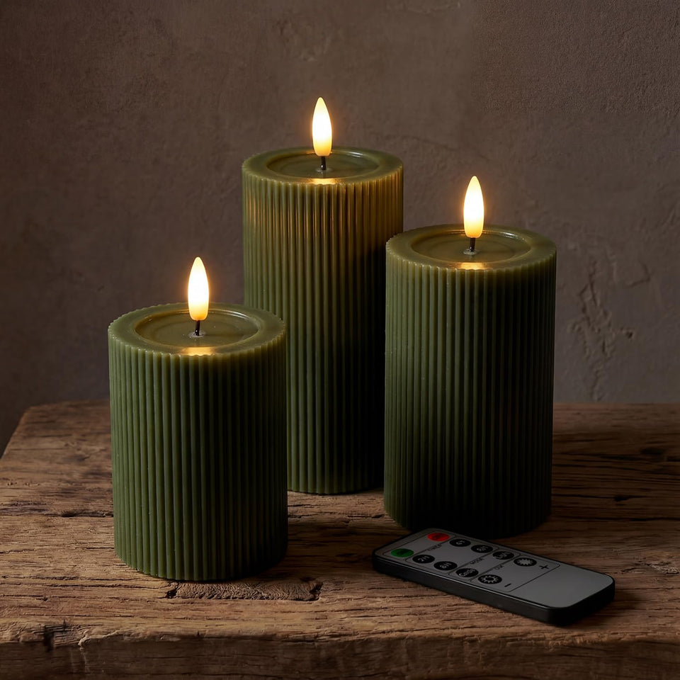 West Ivory fluted ribbed LED pillar candle 4 inch in loden green for elegant table decor