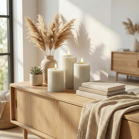 West Ivory unscented candles offer ambient glow without smoke.