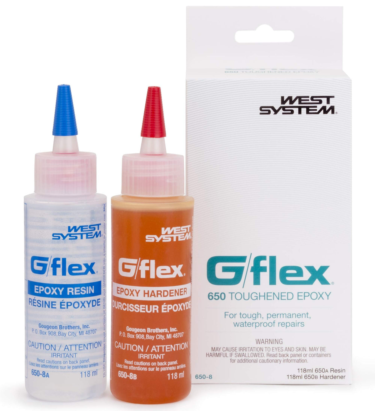 West System G/flex epoxy bottle close-up showing durable, waterproof bonding