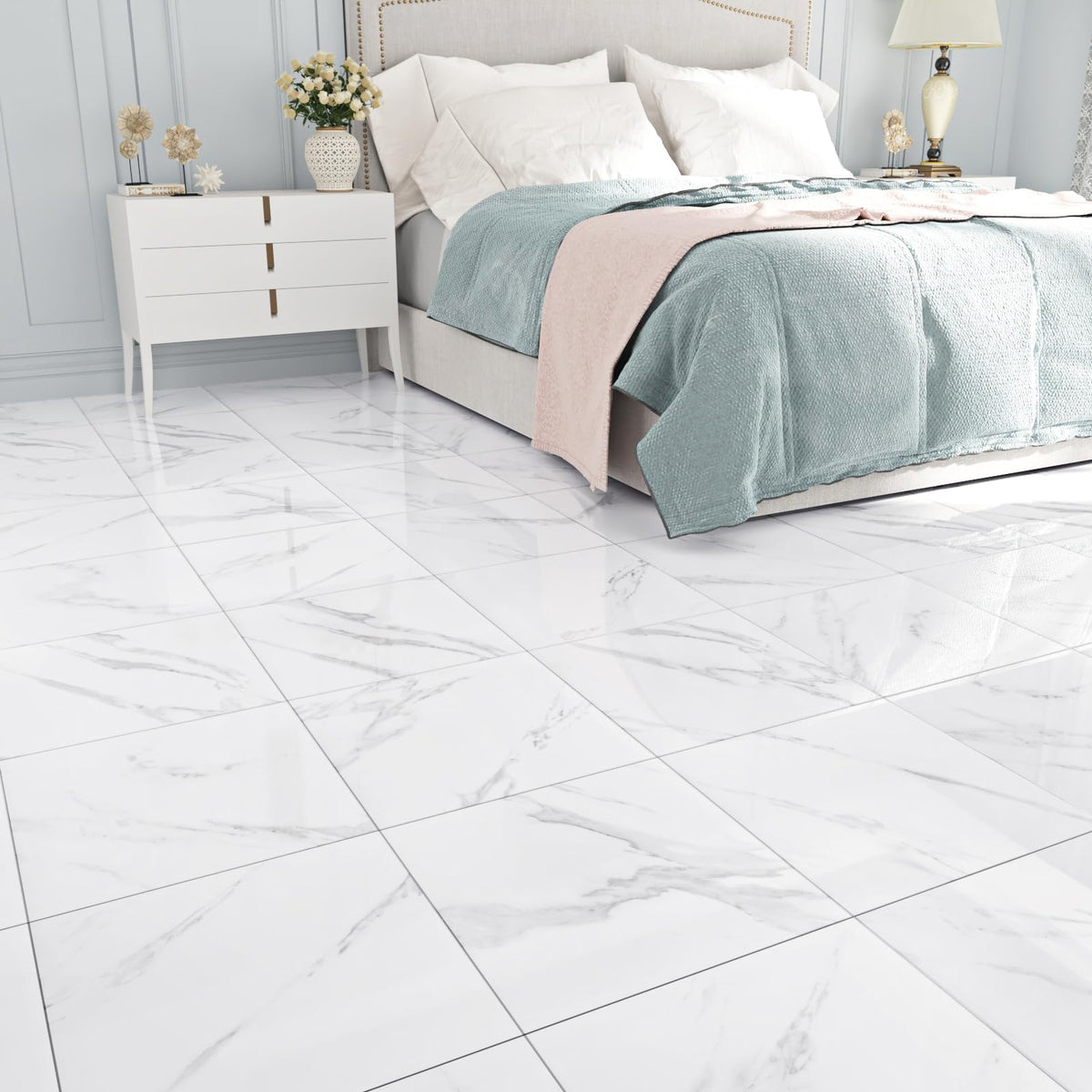WESTICK scratch-resistant, oil-proof marble look tile on a floor surface