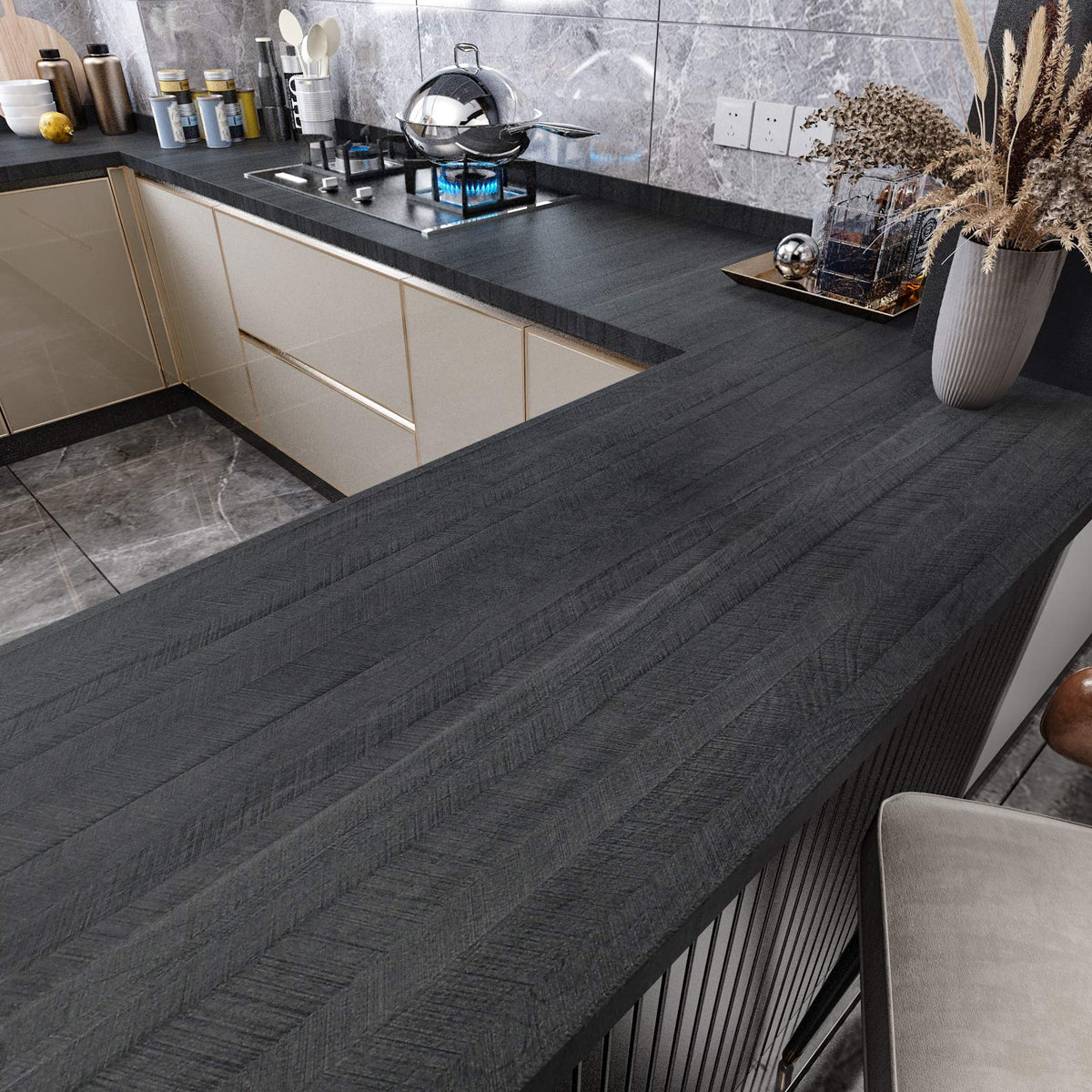 WESTICK wood contact paper on countertops with a sleek black wood grain finish
