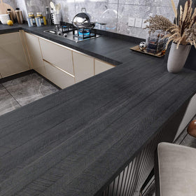 WESTICK wood grain countertop cover in grey and black protects kitchen surfaces.