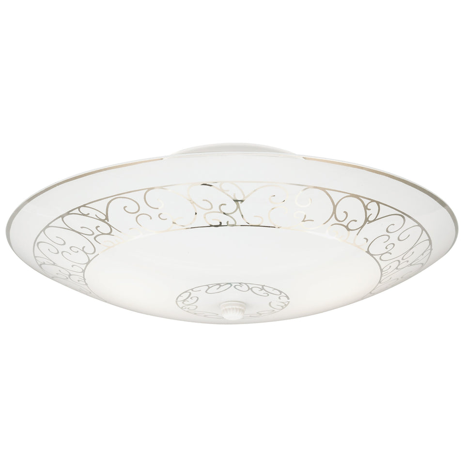 Westinghouse 6620600 two-light semi-flush mount with white scroll glass for hallway lighting.