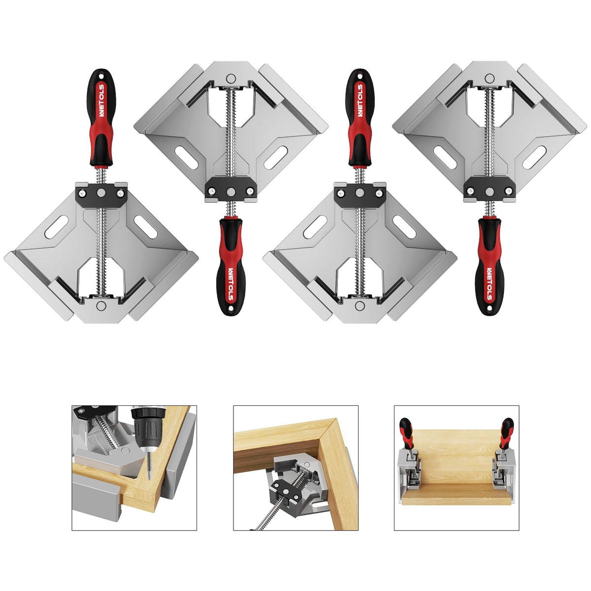 WETOLS corner clamp showing a precise 90-degree joint in woodworking.