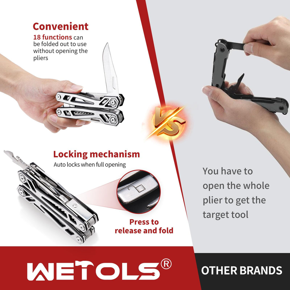 WETOLS multitool bottle opener and serrated knife for camping.