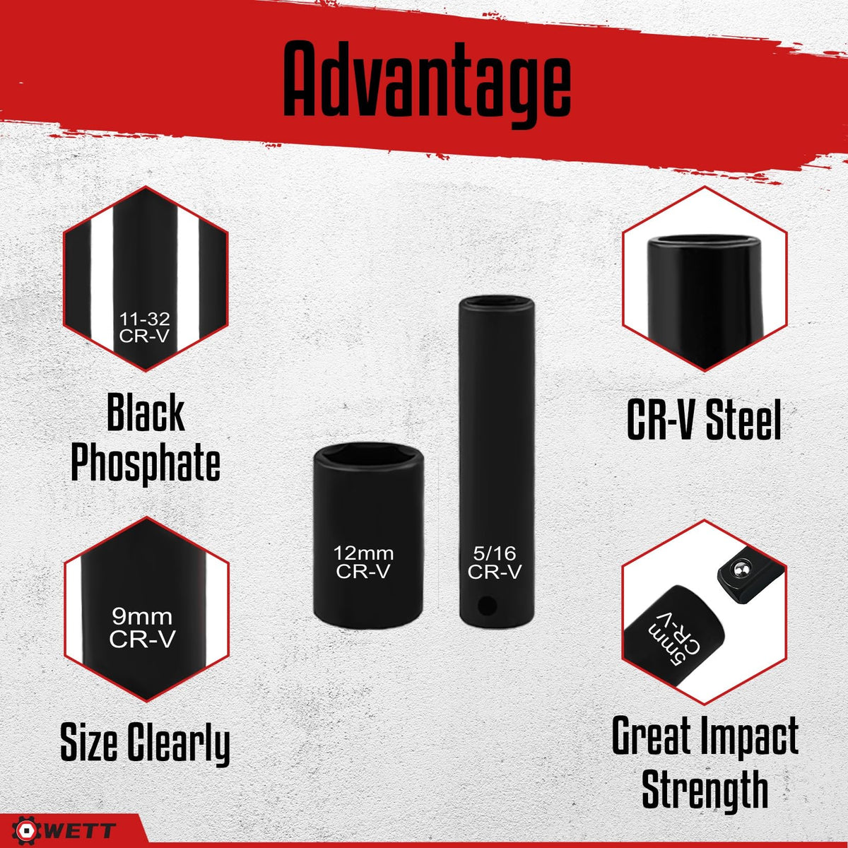 WETT 1/4-inch drive impact sockets with deep metric sizes for versatile repairs.