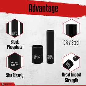 WETT 1/4-inch drive impact sockets with deep metric sizes for versatile repairs.