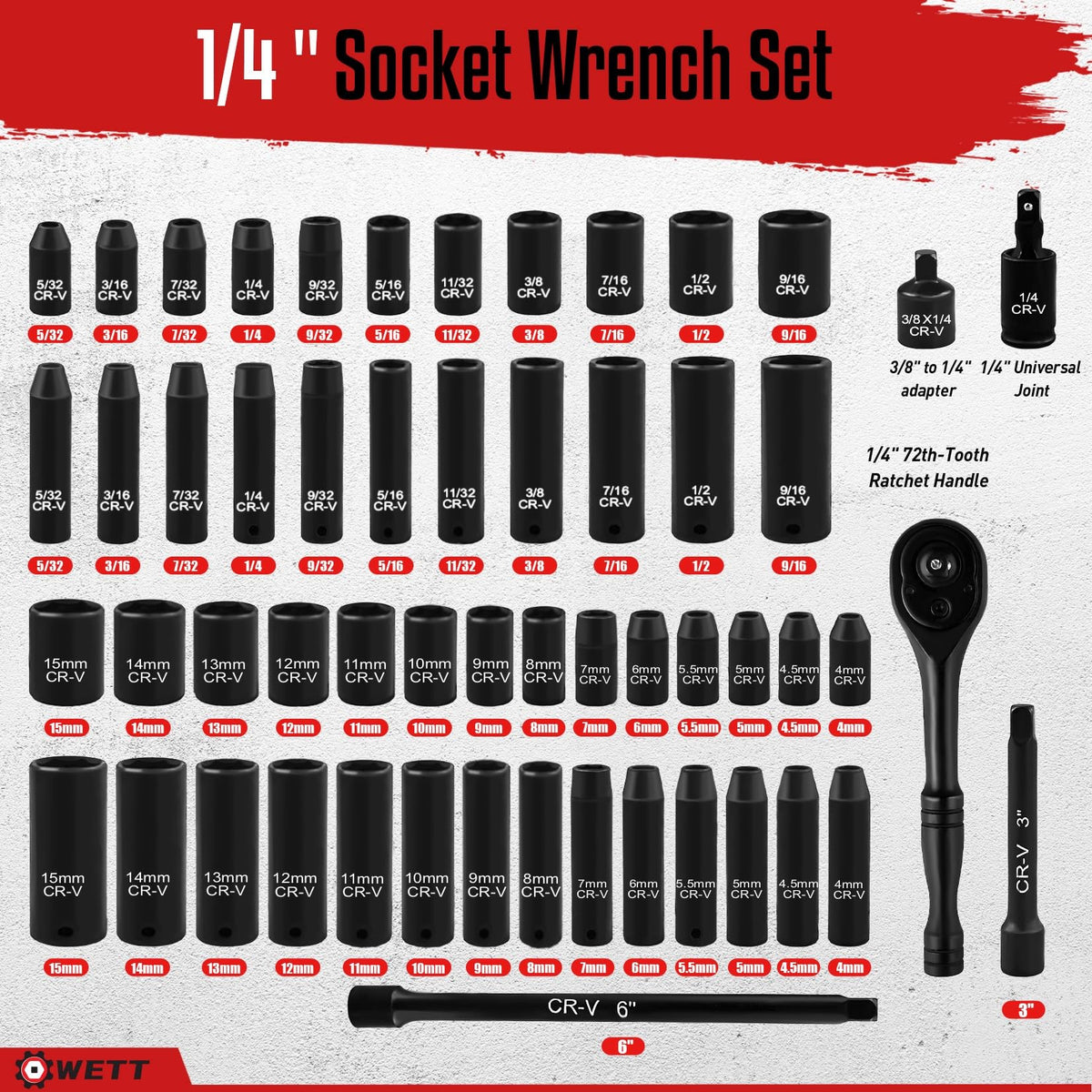 WETT 1/4-inch drive impact sockets with shallow SAE sizes for tight spaces.