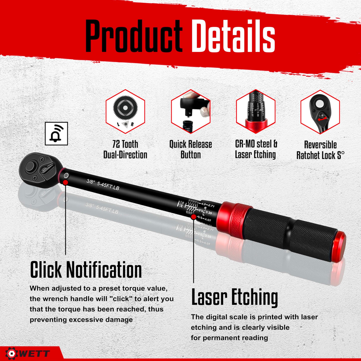 WETT 3/8 inch drive torque wrench for mid range tightening tasks