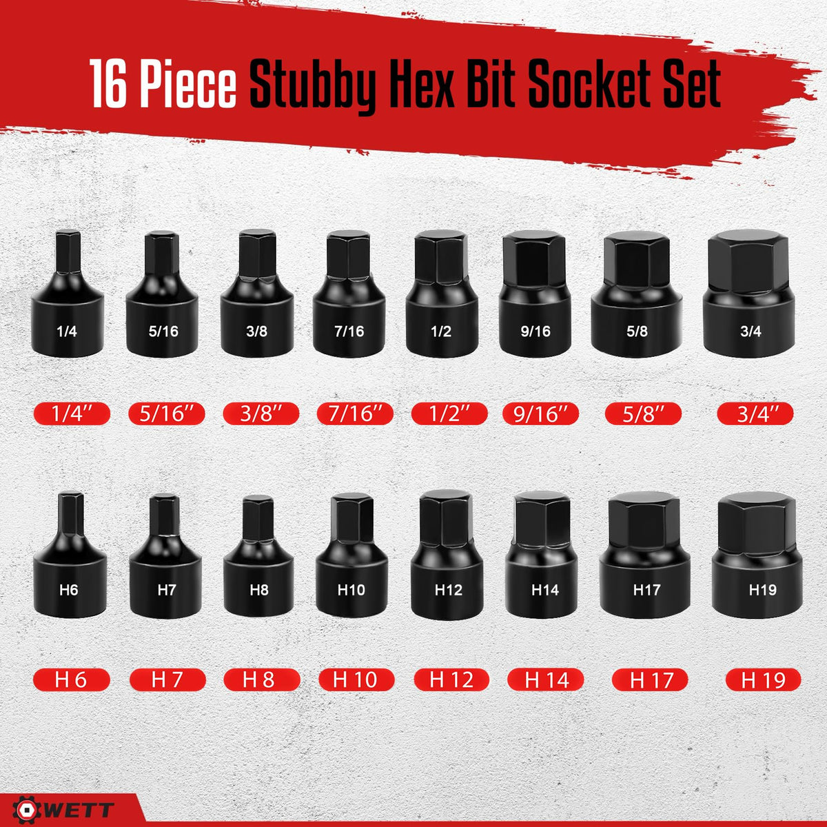 WETT 16-piece stubby hex bits in rugged case for quick organization