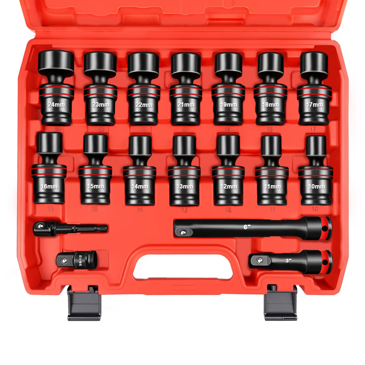 WETT 18-piece 1/2 drive swivel socket set in case for organized storage and transport