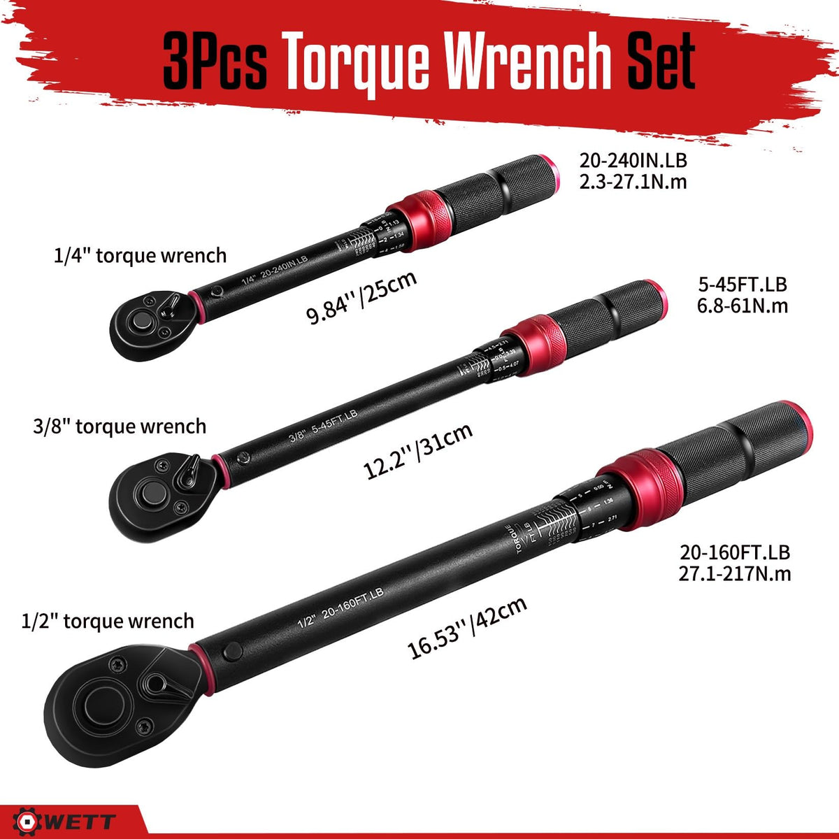 WETT torque wrench set with 3/8 inch drive; versatile tightening for mechanical tasks.