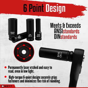 WETT 6-point deep sockets securely grip fasteners during high-torque work.