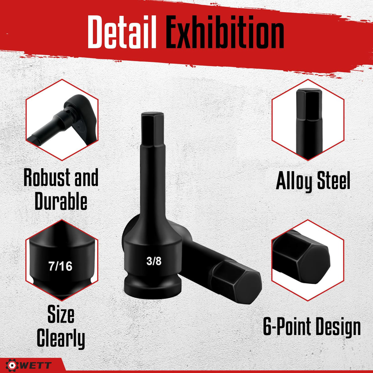 WETT chrome vanadium sockets with black phosphate finish resist rust.