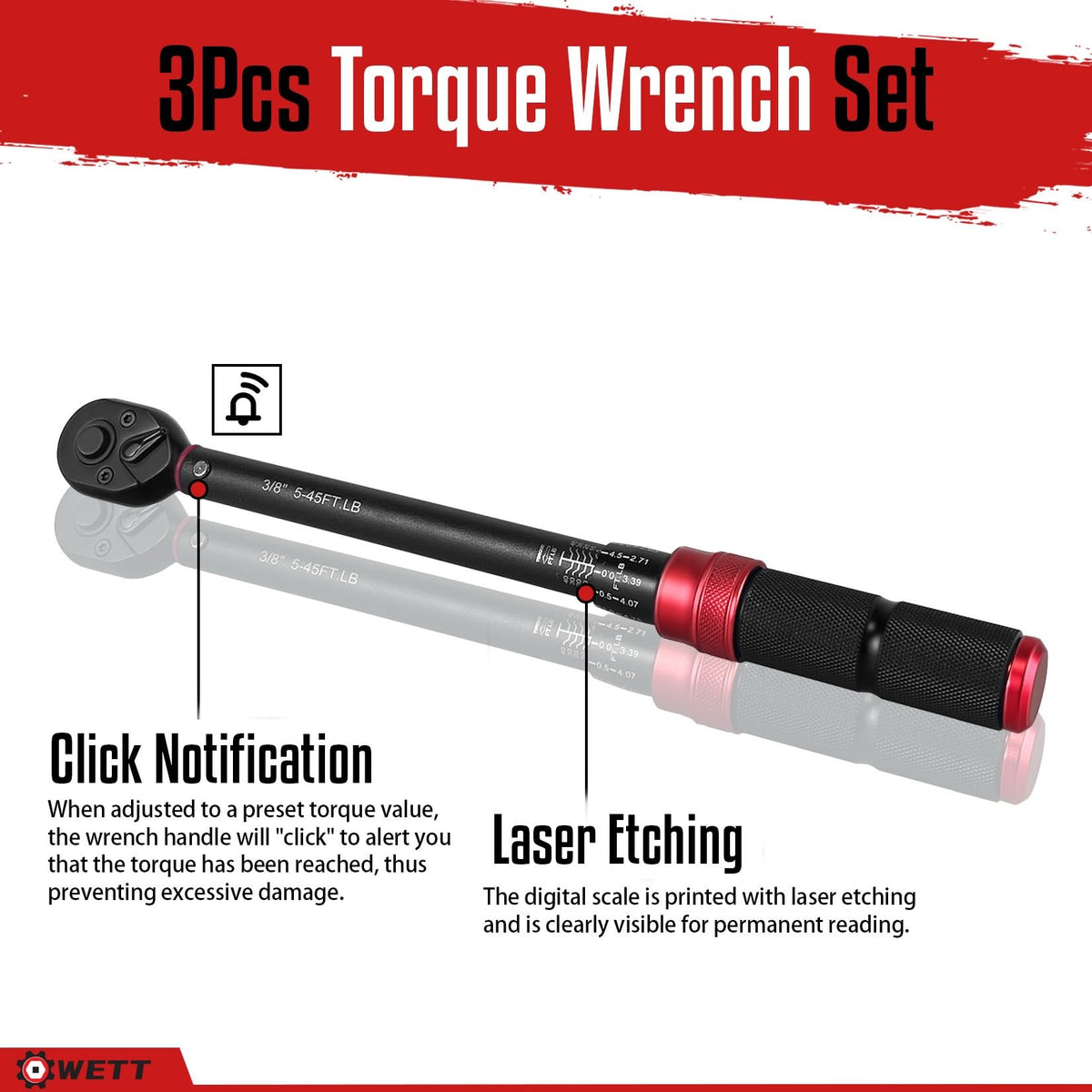 WETT laser-etched digital scale enhances readability during setup and calibration.