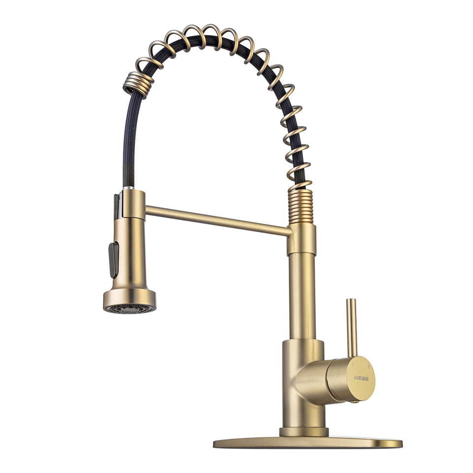 WEWE brushed gold kitchen faucet with open spout for under-cabinet clearance and style.