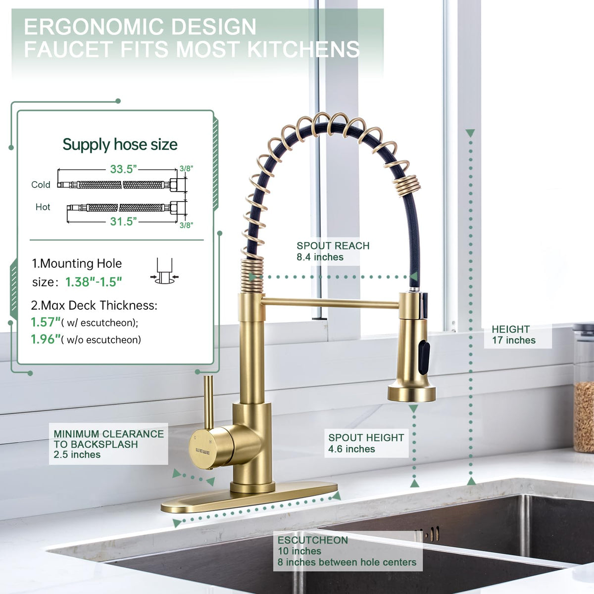 WEWE brushed gold faucet with pull-down sprayer demonstrates flexible cleaning power.