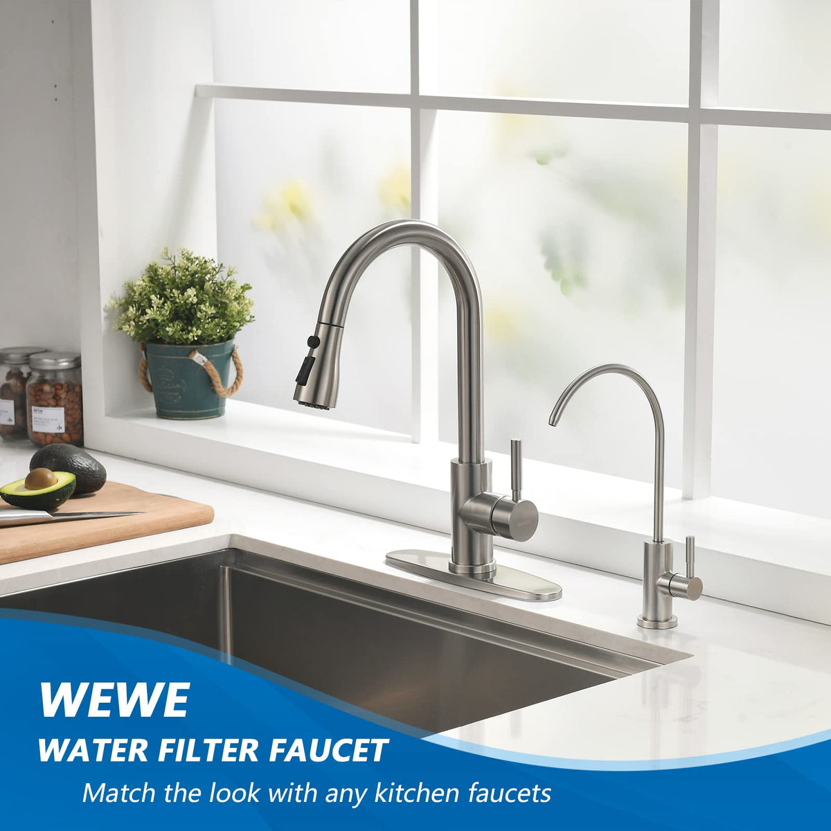 WEWE gooseneck faucet with 360 degree rotation for flexible reach