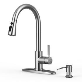 WEWE kitchen faucet with soap dispenser front view, showing durable stainless steel finish