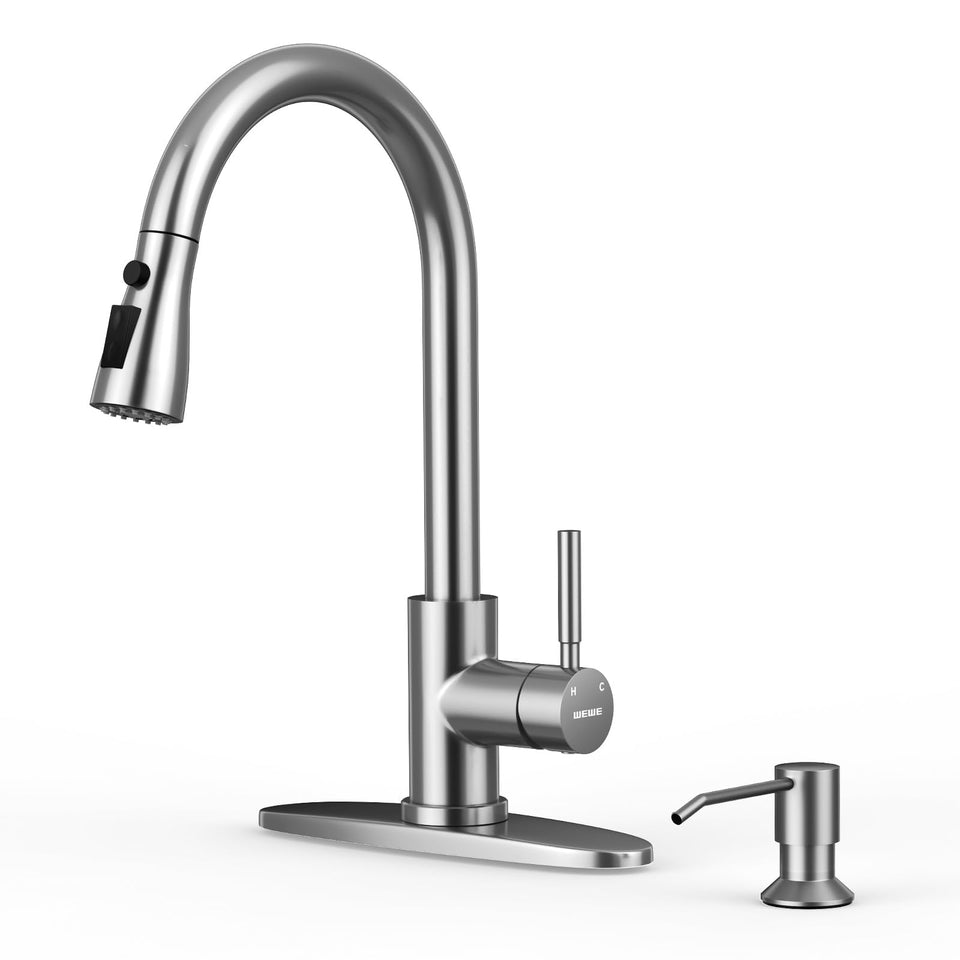 WEWE kitchen faucet with soap dispenser front view, showing durable stainless steel finish