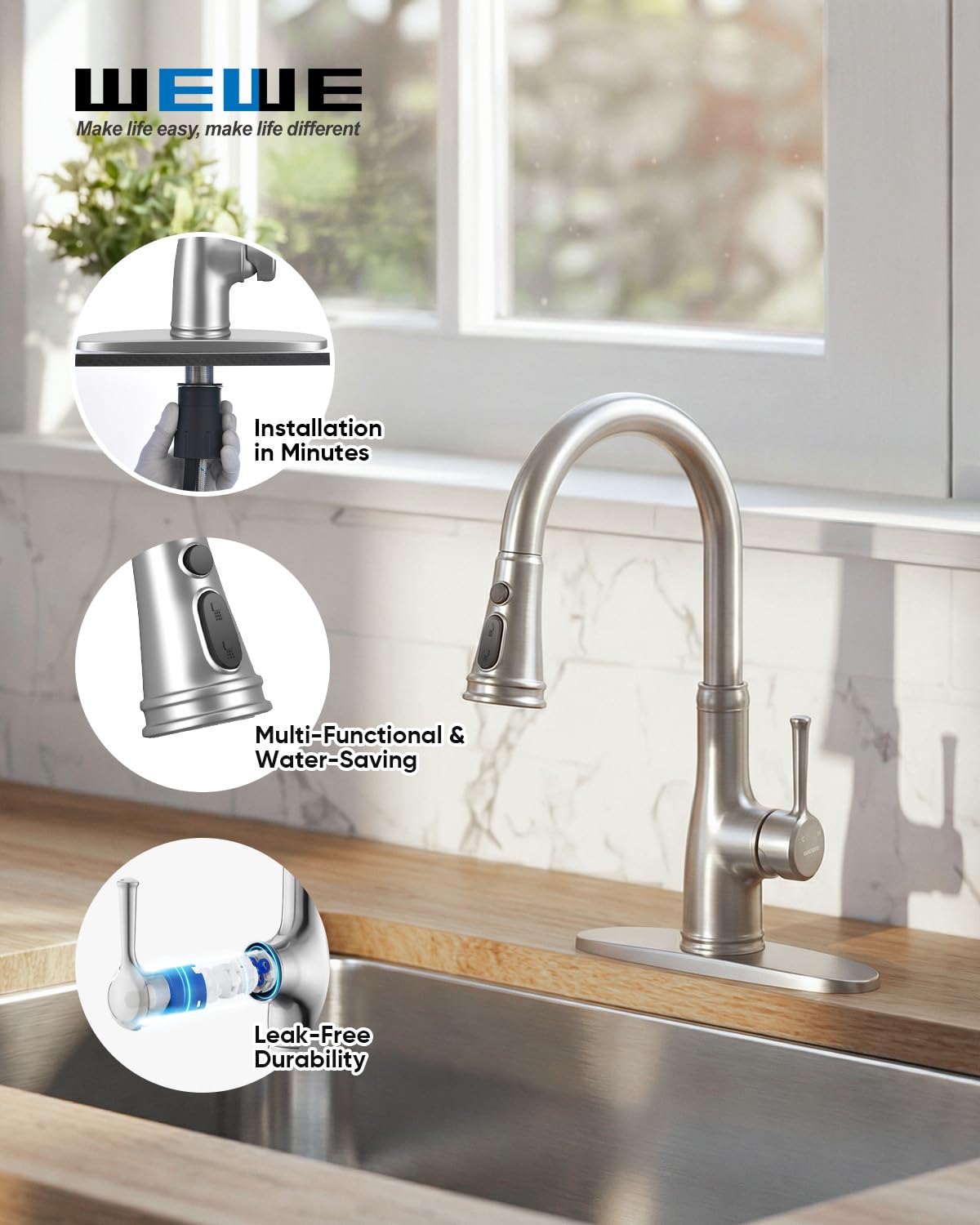 WEWE Vintage kitchen faucet with brushed nickel finish resists fingerprints