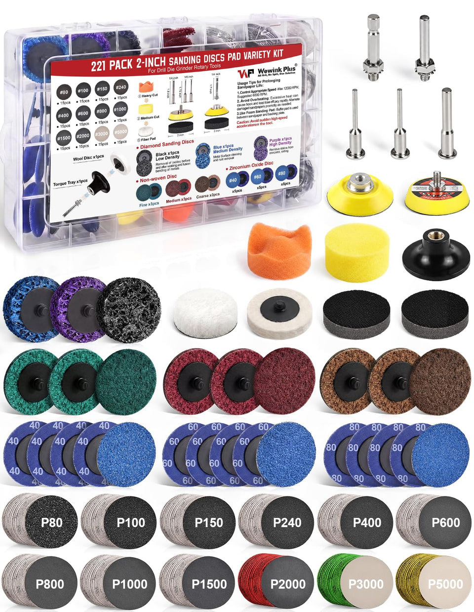 WEWINK PLUS 221pcs sanding discs set enhances surface prep.