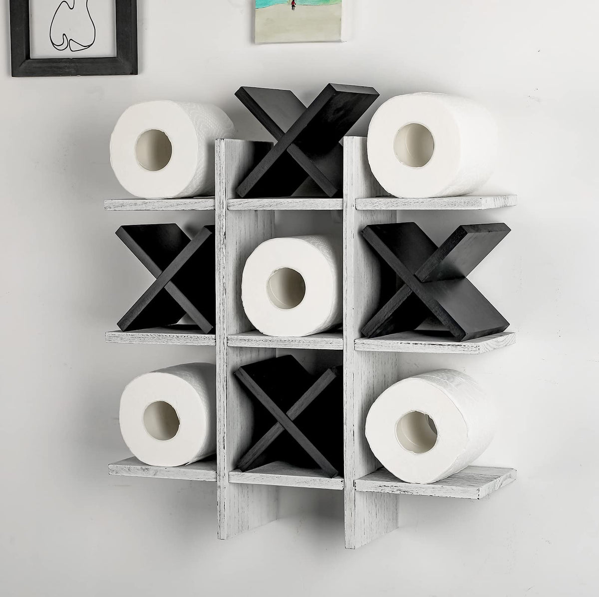 weysat tic tac toe toilet paper holder wall decor with rustic wood finish for stylish bathroom storage