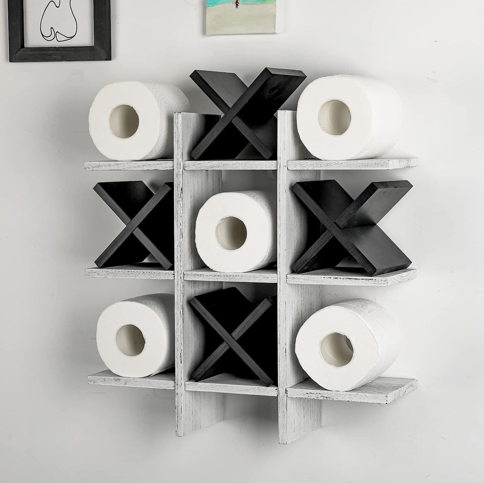 weysat tic tac toe toilet paper holder wall decor with rustic wood finish for stylish bathroom storage