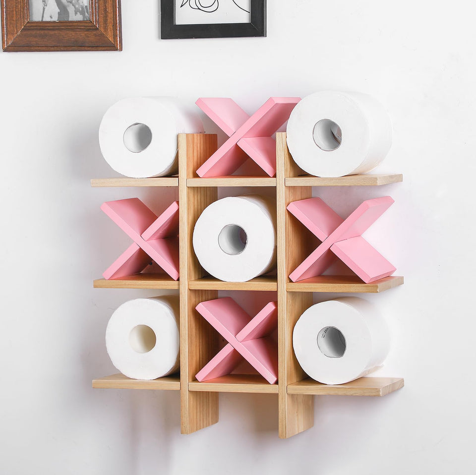 Weysat tic tac toe toilet paper holder wall decor with natural wood grain and storage