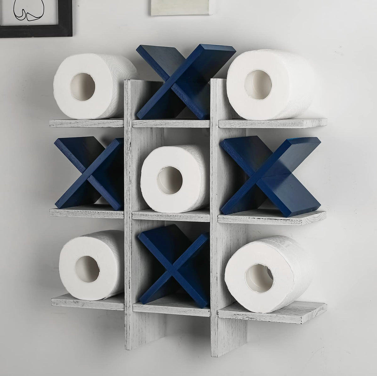 Weysat tic tac toe toilet paper holder wall-mount showing natural wood grain for organized storage