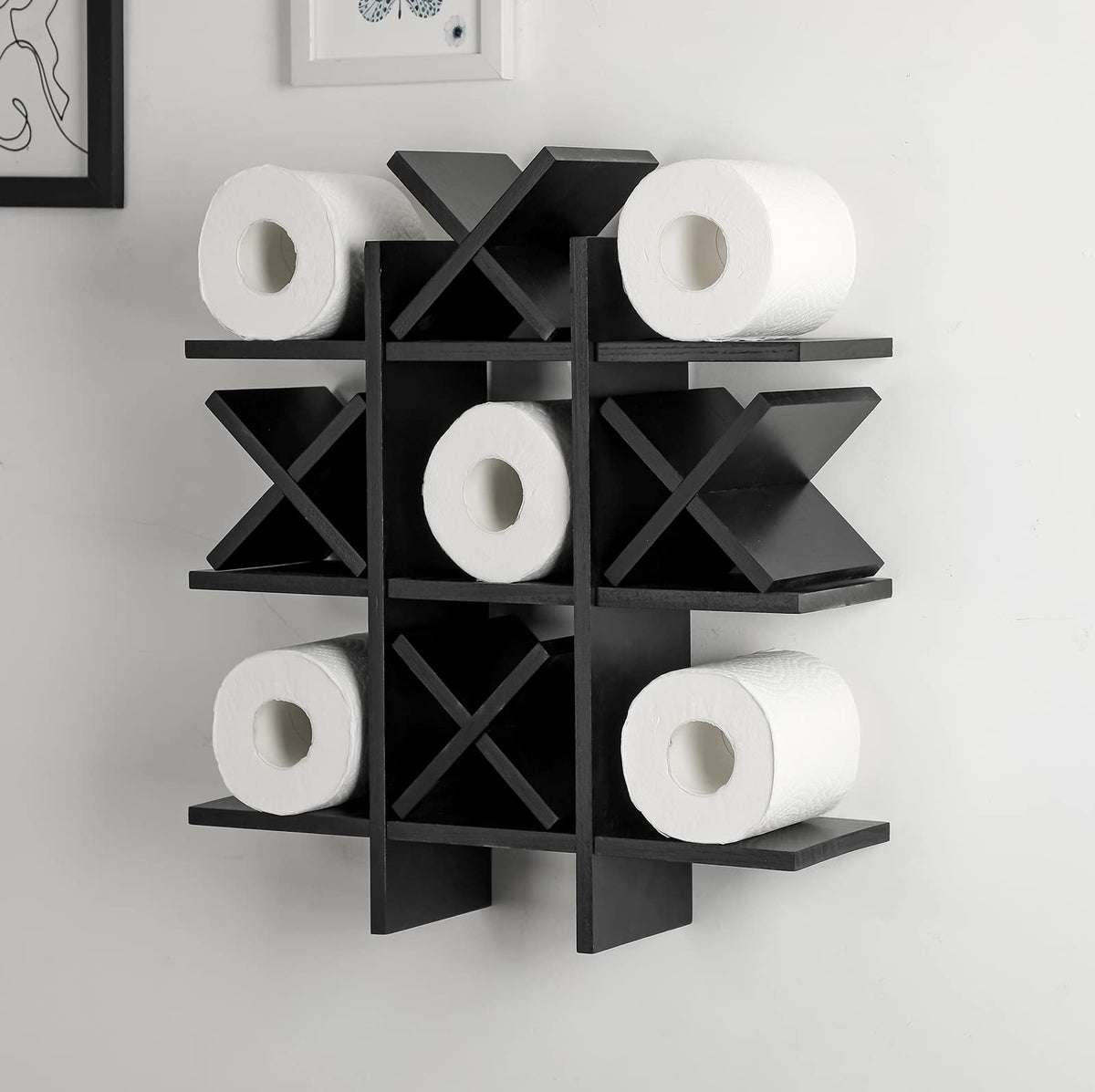 Weysat tic tac toe stand close-up shows natural wood grain for stylish bathroom decor.