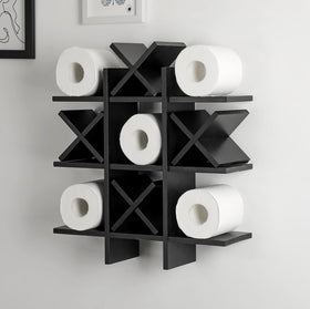 Weysat tic tac toe stand close-up shows natural wood grain for stylish bathroom decor.