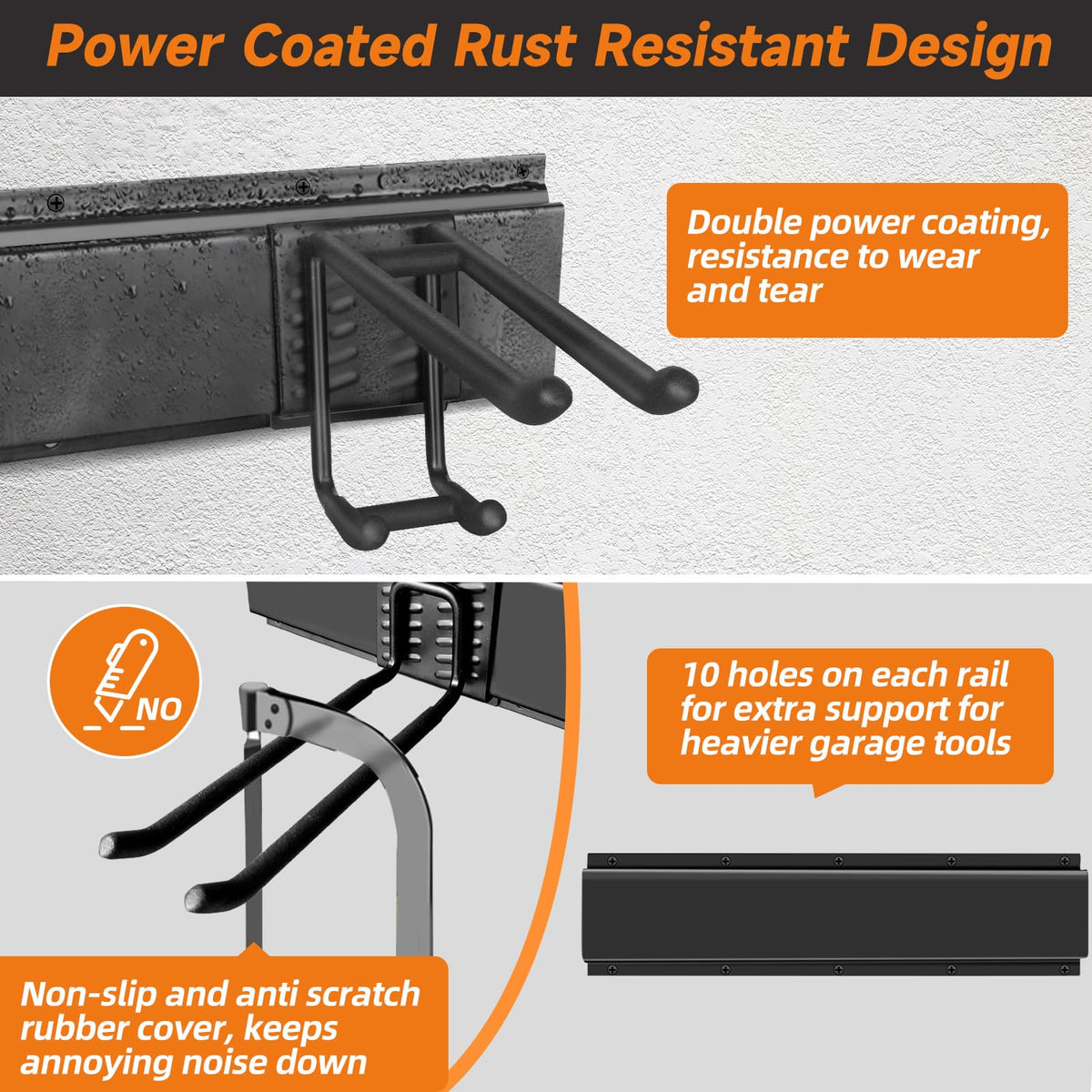 WEZAFO double-layer hooks and rails for versatile yard tool hanging.