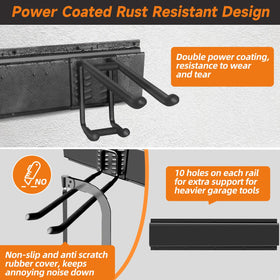 WEZAFO double-layer hooks and rails for versatile yard tool hanging.