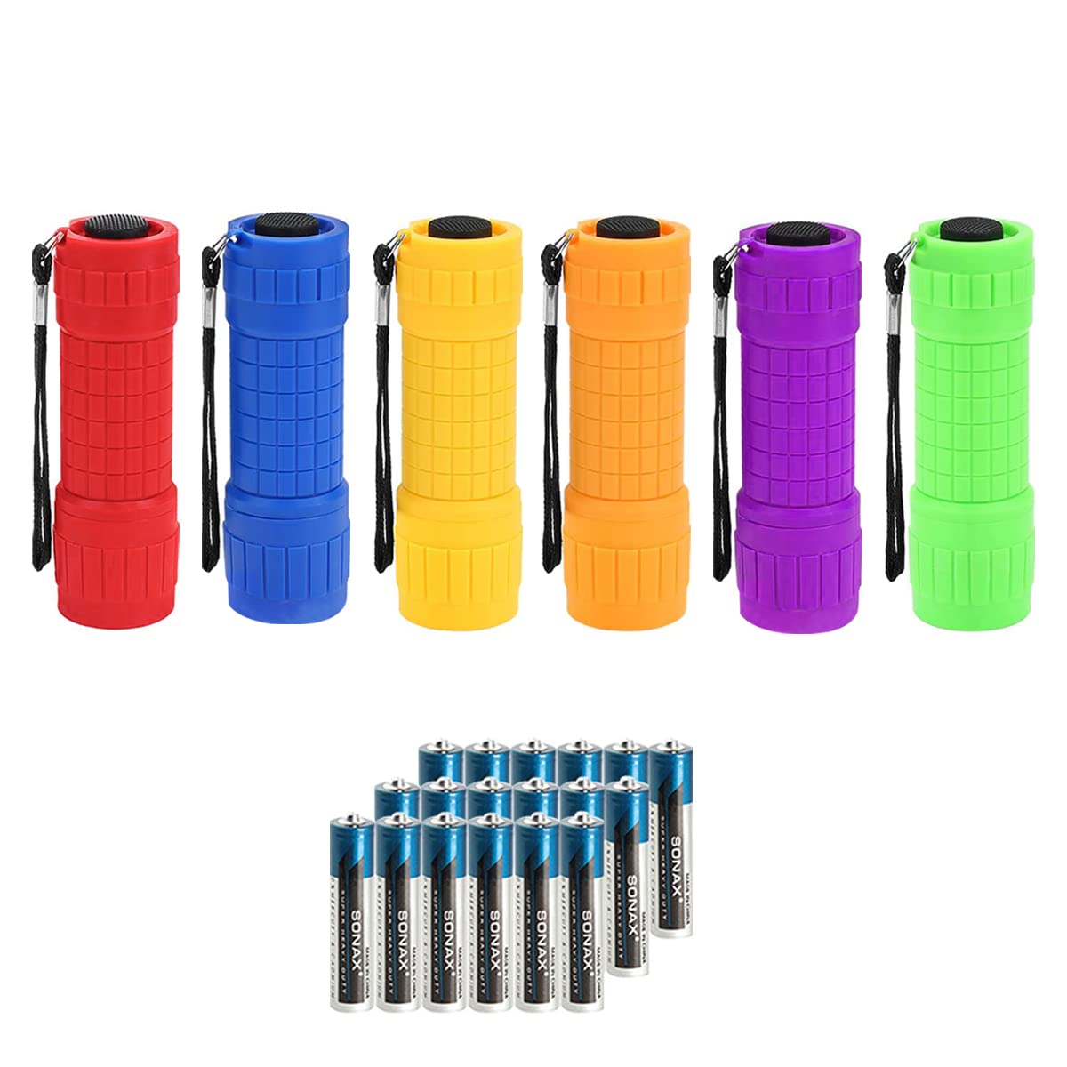 Whaply mini COB LED flashlight six-pack in assorted colors, ideal for camping.