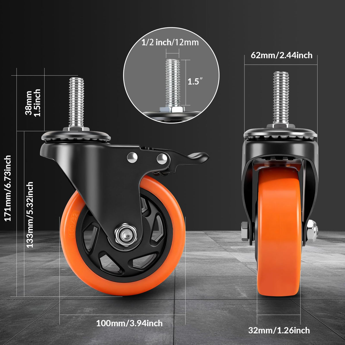 WHARSTM 4-inch caster wheels brake system enables secure positioning.