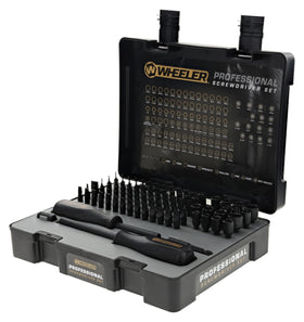Wheeler 100-piece screwdriver set on bench for precise gunsmithing work.