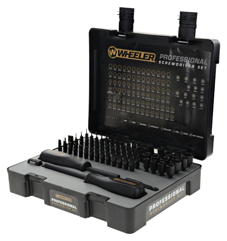 Wheeler 100-piece screwdriver set on bench for precise gunsmithing work.