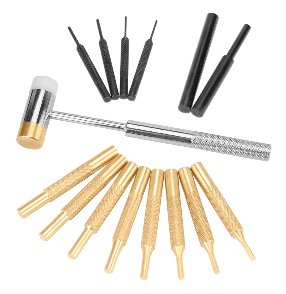 Wheeler hammer and punch set – brass punches arranged for pin driving