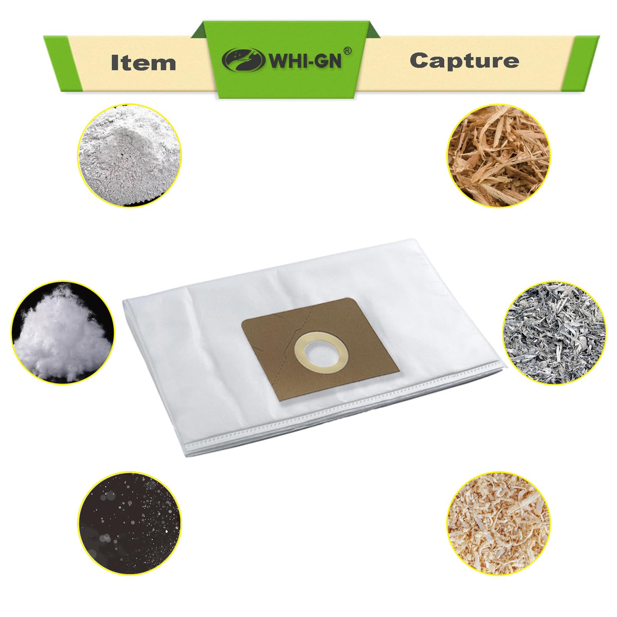 WHI-GN 9-pack contents layout highlighting nine fleece bags for quick replacements