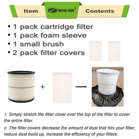WHI-GN foam sleeve filter capturing damp debris in wet/dry vacs