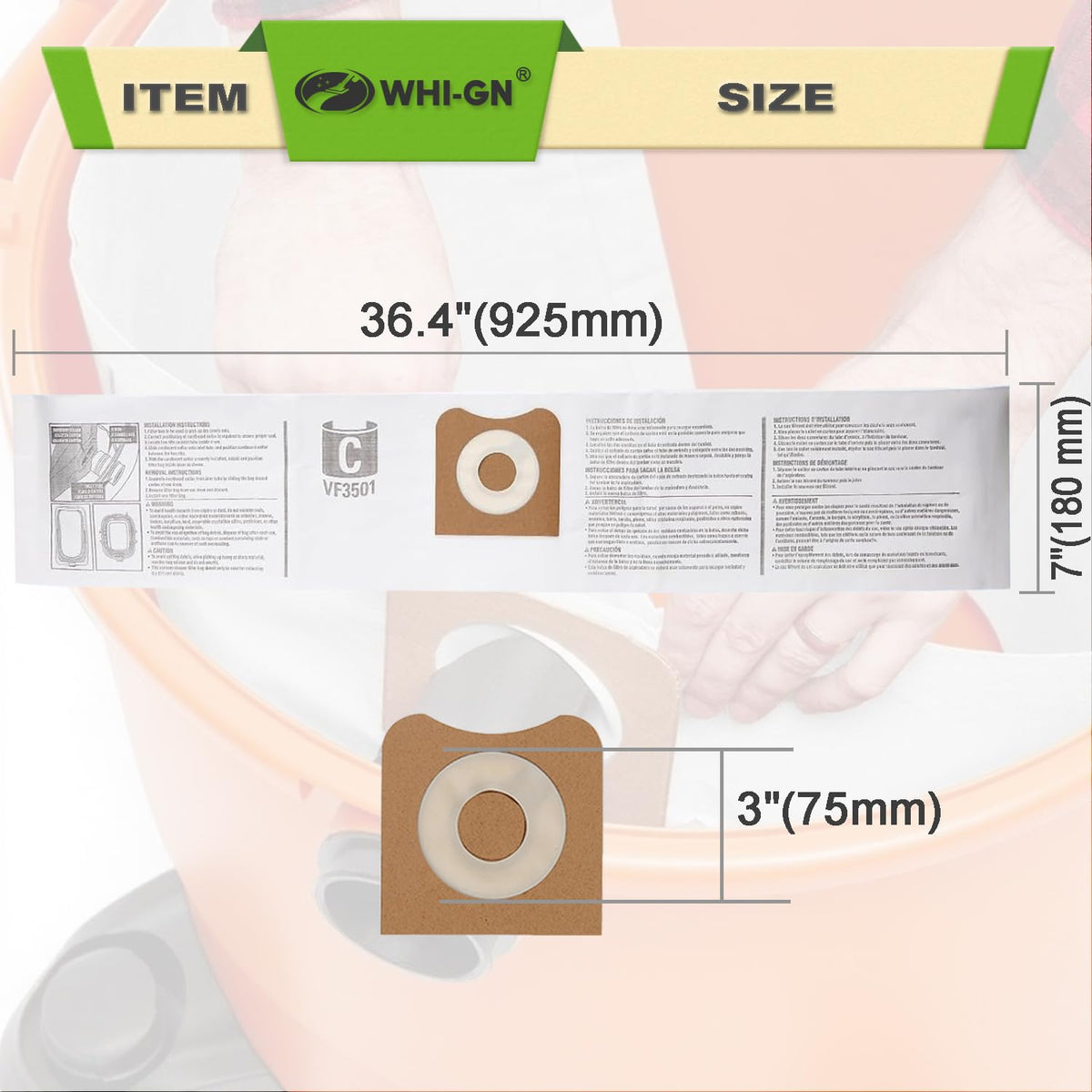 VF3501 bag shows easy drum installation for RIDGID 4-gallon vacuums.